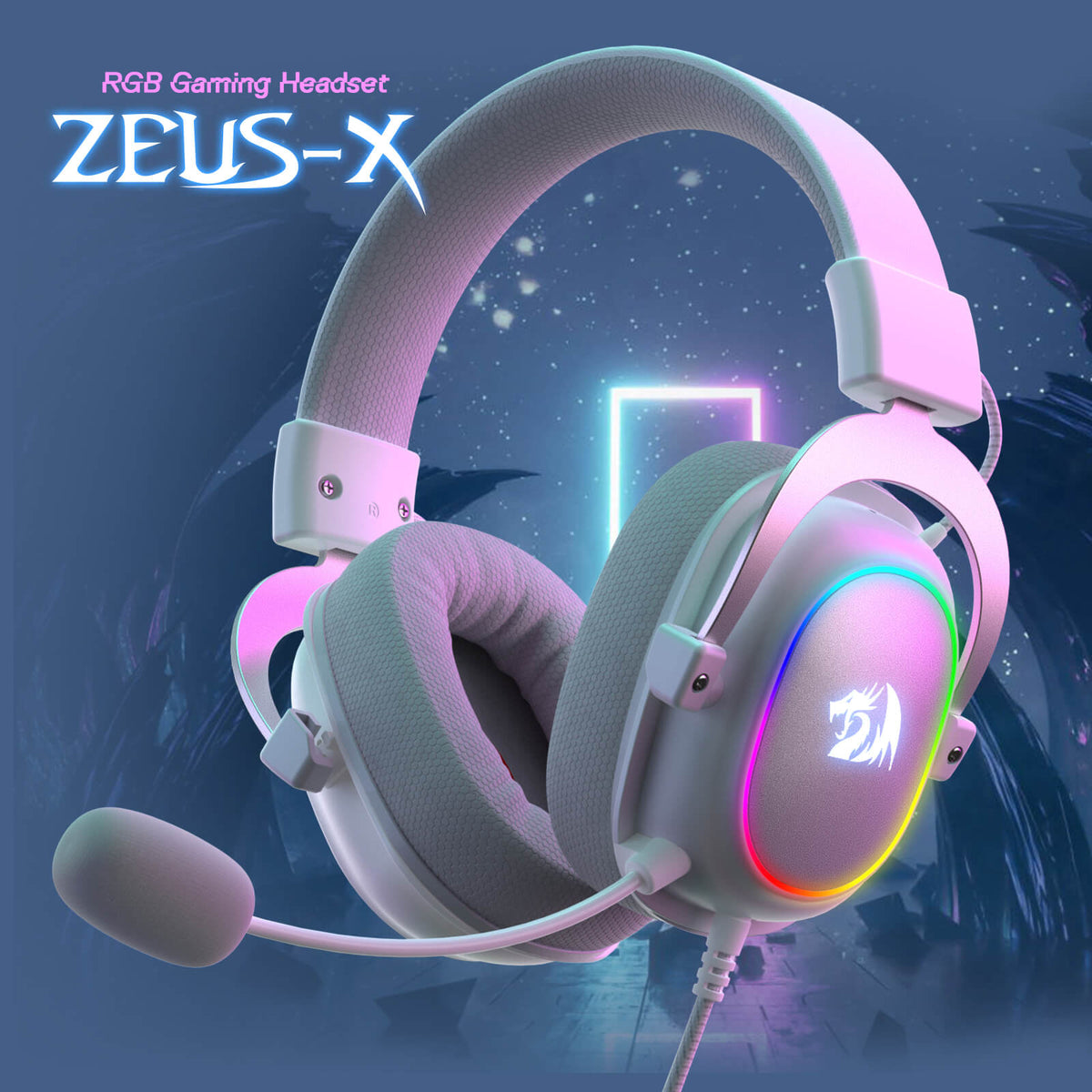 Redragon H510 Zeus-X RGB Wired Gaming Headset | 7.1 Surround Sound | 53mm Drivers | 50Hz-20kHz | 64Ω | USB Braided Cable | In-Line Volume, Mic Mute & RGB Controls | Omni-Directional Noise-Cancelling Mic | PC · PS4 · Switch | Black · White