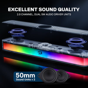 Redragon Neo GS515 RGB Desktop Soundbar | 2.0 Stereo · 10 W RMS (2 × 5 W) | Dual 50 mm Drivers | USB-C + Bluetooth 5.3 | 6 RGB Modes