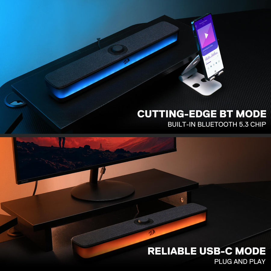 Redragon Neo GS515 RGB Desktop Soundbar | 2.0 Stereo · 10 W RMS (2 × 5 W) | Dual 50 mm Drivers | USB-C + Bluetooth 5.3 |