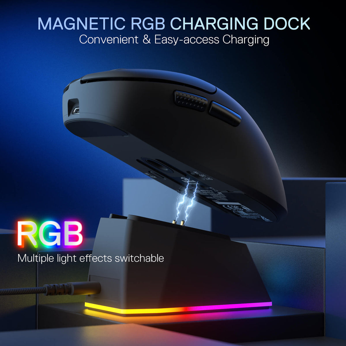 Redragon M998-STD Ebony Wireless Gaming Mouse | 61g Lightweight | 24000 DPI PixArt 3311 Sensor | 1000Hz / 1ms | 2.4GHz + Bluetooth + Wired | 400mAh, up to 80h | RGB Magnetic Charging Dock