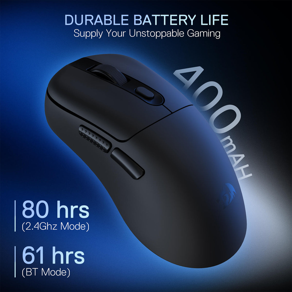 Redragon M998-STD Ebony Wireless Gaming Mouse | 61g Lightweight | 24000 DPI PixArt 3311 Sensor | 1000Hz / 1ms | 2.4GHz + Bluetooth + Wired | 400mAh, up to 80h | RGB Magnetic Charging Dock