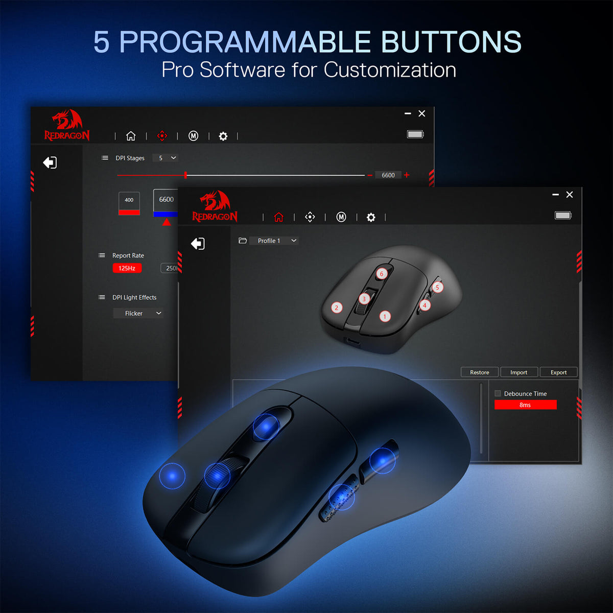 Redragon M998-STD Ebony Wireless Gaming Mouse | 61g Lightweight | 24000 DPI PixArt 3311 Sensor | 1000Hz / 1ms | 2.4GHz + Bluetooth + Wired | 400mAh, up to 80h | RGB Magnetic Charging Dock