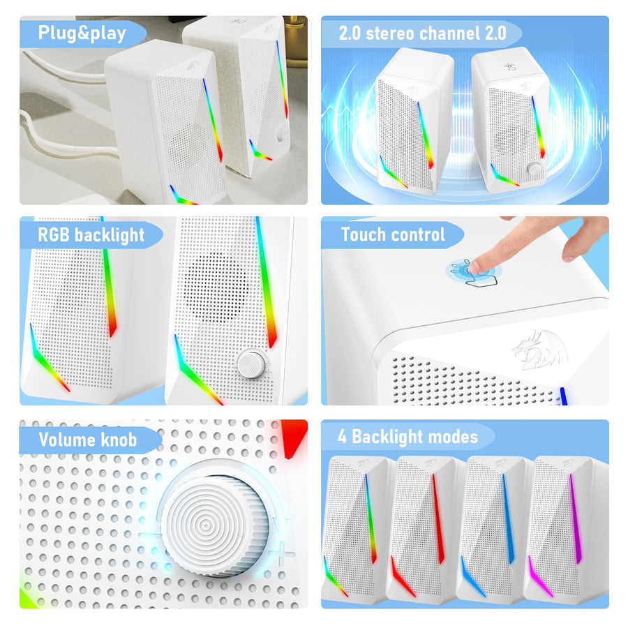 Redragon GS510 Waltz RGB Desktop Speakers | 2.0 Channel Stereo | 2 x 2.5W Power Consumption | 4 Touch-Control RGB Modes 