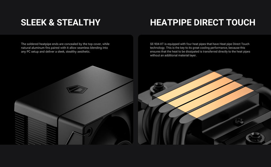 ID-COOLING SE-904-XT Black CPU Air Cooler | 4 × 6mm Direct-Touch Heatpipes · 180W TDP | 100mm PWM Fan · 500–2500 RPM · 4