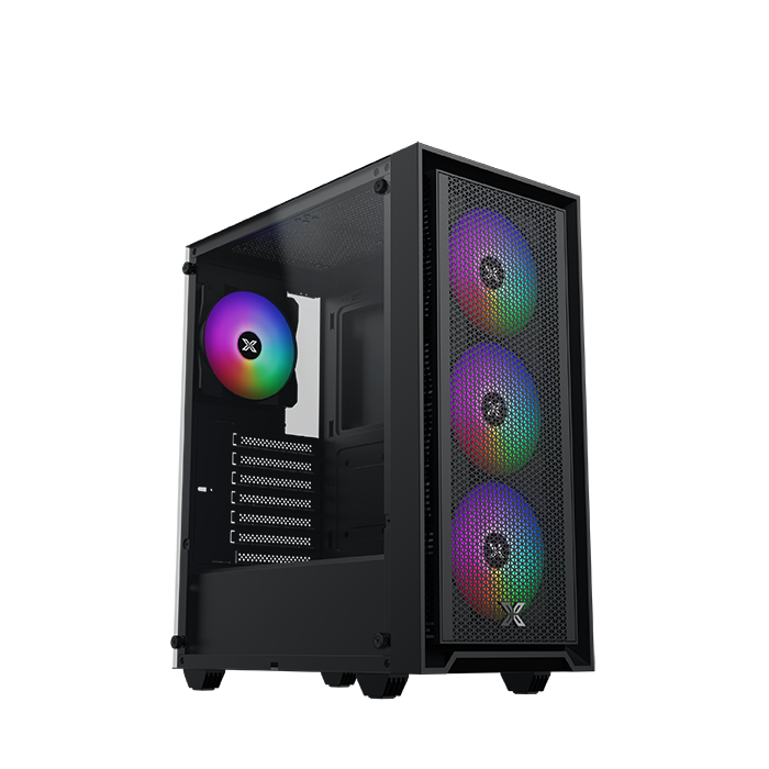 XIGMATEK Sky II Mid-Tower Gaming Case + X-Power 600W 80+ PSU | ATX · Micro-ATX · Mini-ITX | 4 × Fixed-RGB Fans | Tempered Glass · Mesh Front | 325mm GPU · 160mm Cooler | Black