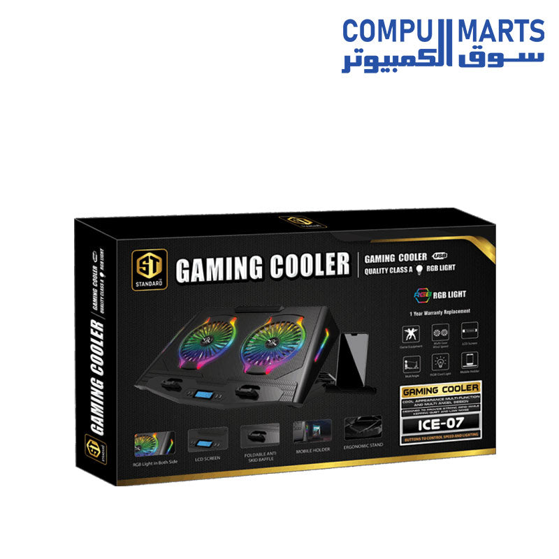 ST-Standard ICE-07 RGB Gaming Laptop Cooling Pad | 2 × 140mm Fans · 1300 RPM | 7 RGB Modes · LCD Screen | 5-Level Height