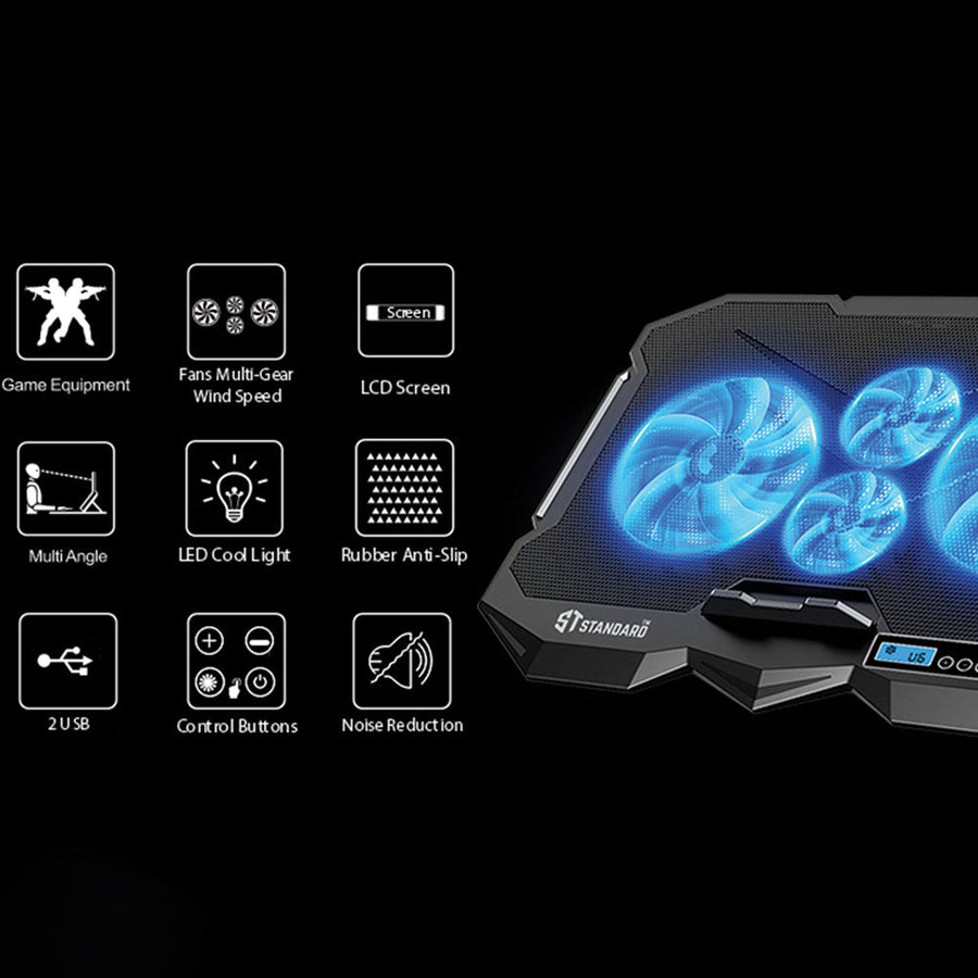 Standard ICE-04 Plus Gaming Laptop Cooling Pad | 4 Blue LED Fans · 2 × Ø100mm + 2 × 70mm | LCD Screen | 2 × USB | 7 Heig
