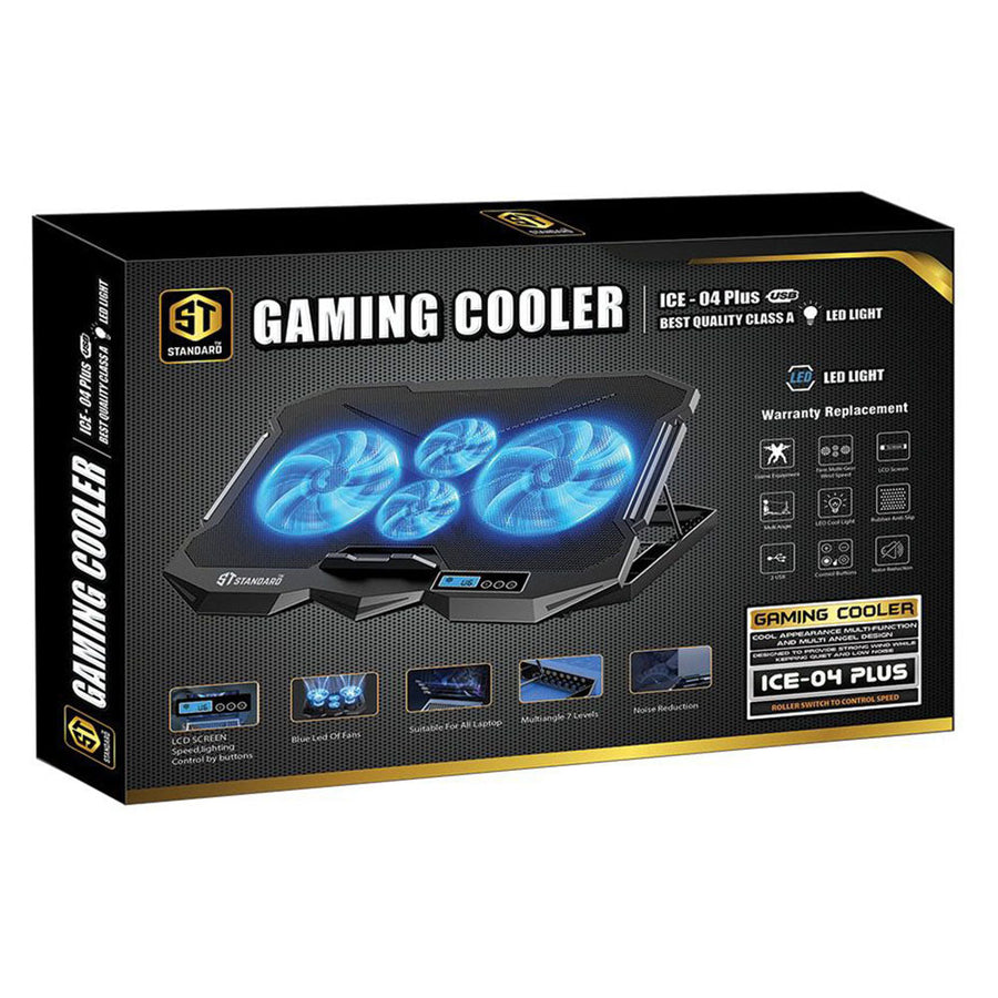 Standard ICE-04 Plus Gaming Laptop Cooling Pad | 4 Blue LED Fans · 2 × Ø100mm + 2 × 70mm | LCD Screen | 2 × USB | 7 Heig
