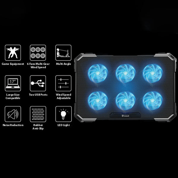 Standard ICE-06N Gaming Laptop Cooling Pad | 6 × 70mm Blue LED Fans · 2400 RPM | 2 × USB | 6 Height Levels | Iron Mesh |