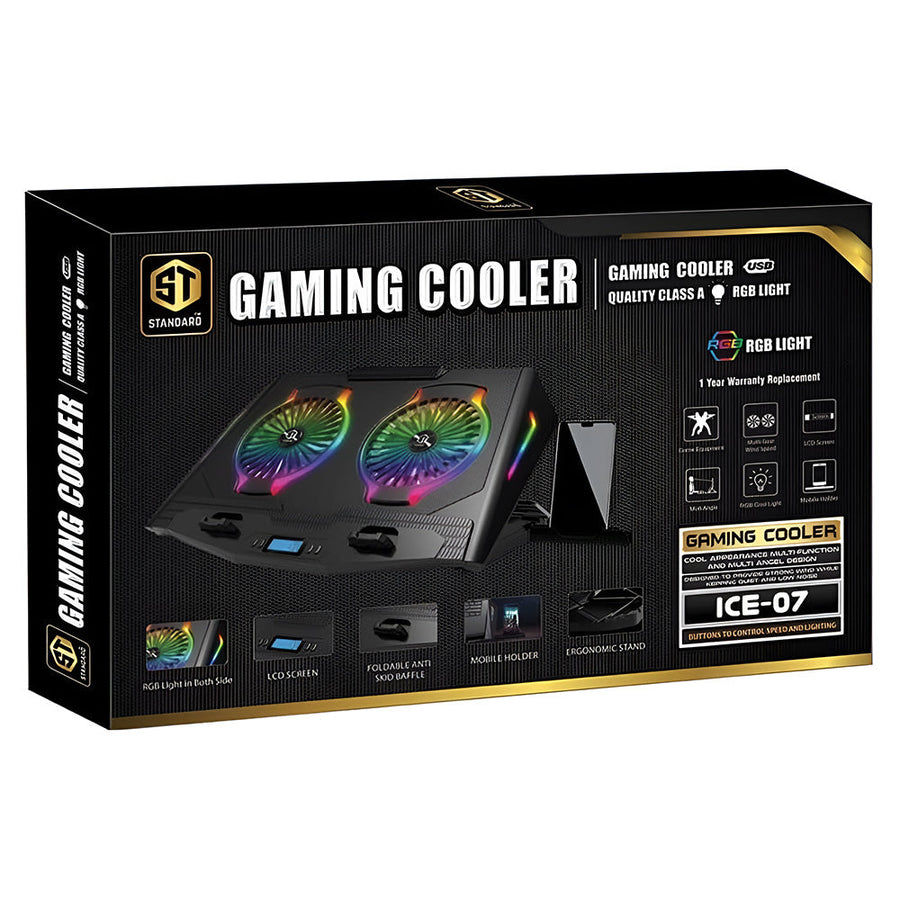 ST-Standard ICE-07 RGB Gaming Laptop Cooling Pad | 2 × 140mm Fans · 1300 RPM | 7 RGB Modes · LCD Screen | 5-Level Height