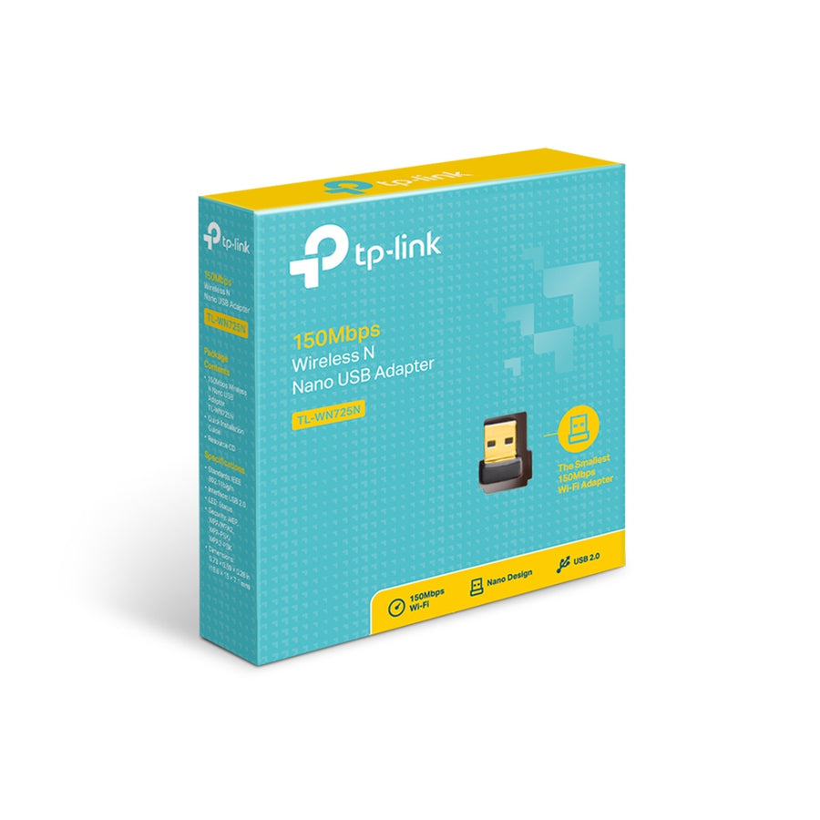 TP-Link TL-WN725N 150Mbps Wireless N Nano USB Adapter | 802.11b/g/n · 2.4GHz | USB 2.0 · Internal Antenna | WPA/WPA2 · 8