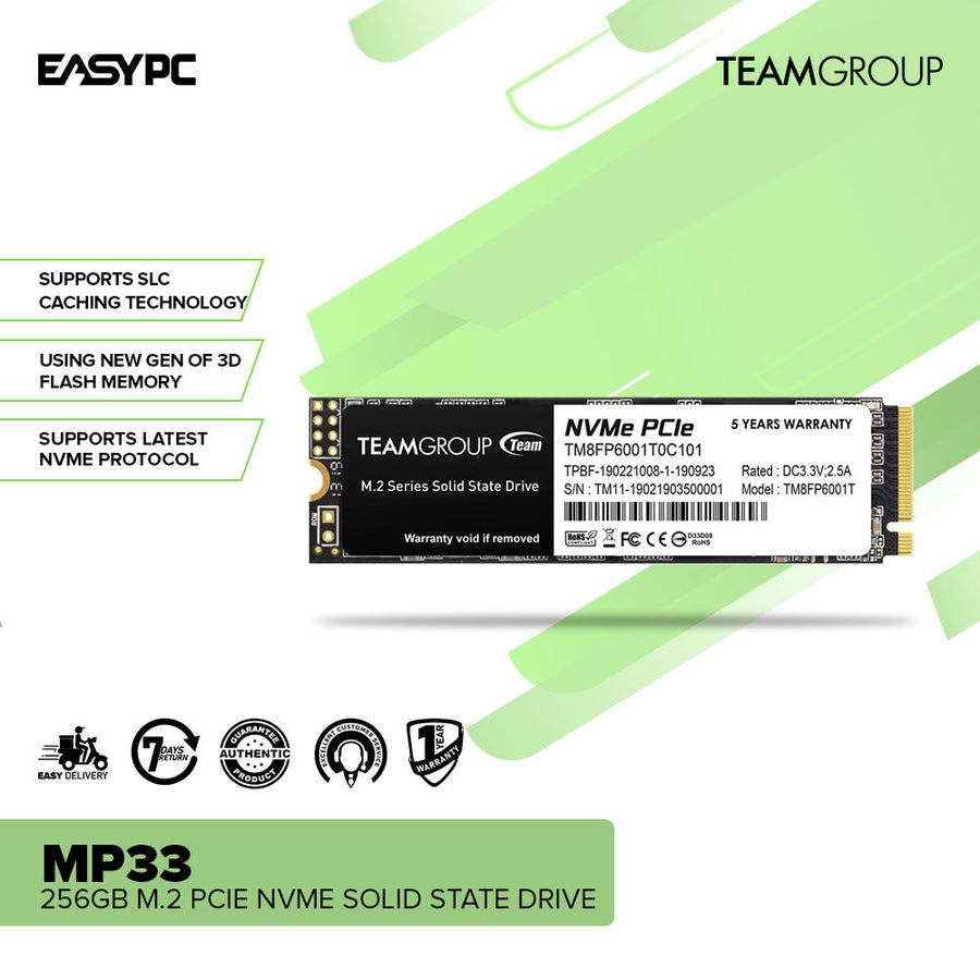 TEAMGROUP MP33 256GB M.2 2280 NVMe SSD | PCIe Gen3 x4 · NVMe 1.3 | 1600/1000 MB/s | 3D NAND · SLC Cache · 65 TBW | 5-Yea