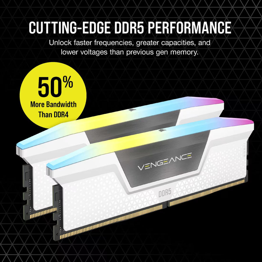 Corsair Vengeance RGB DDR5 32GB Kit (2x16GB) White Edition | 6000MT/s CL36 | 10 ARGB LEDs Per Stick | Intel XMP 3.0 | iCUE Software | Aluminum Heat Spreader | Intel 12th-14th Gen + AMD Ryzen 7000+ | Premium White RGB Build Centerpiece