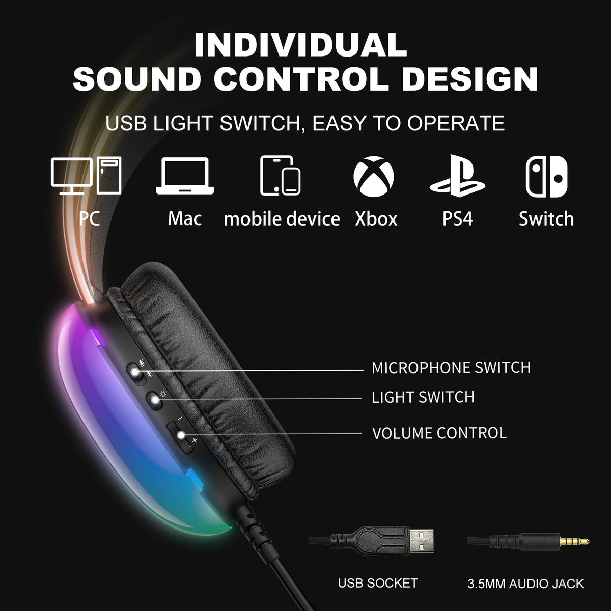 ONIKUMA X25 RGB Gaming Headset | 50mm Drivers | 16Ω · 115±3dB · 20Hz-20kHz | USB + 3.5mm · 2.0m | Retractable 360° Noise-Cancelling Mic | Black
