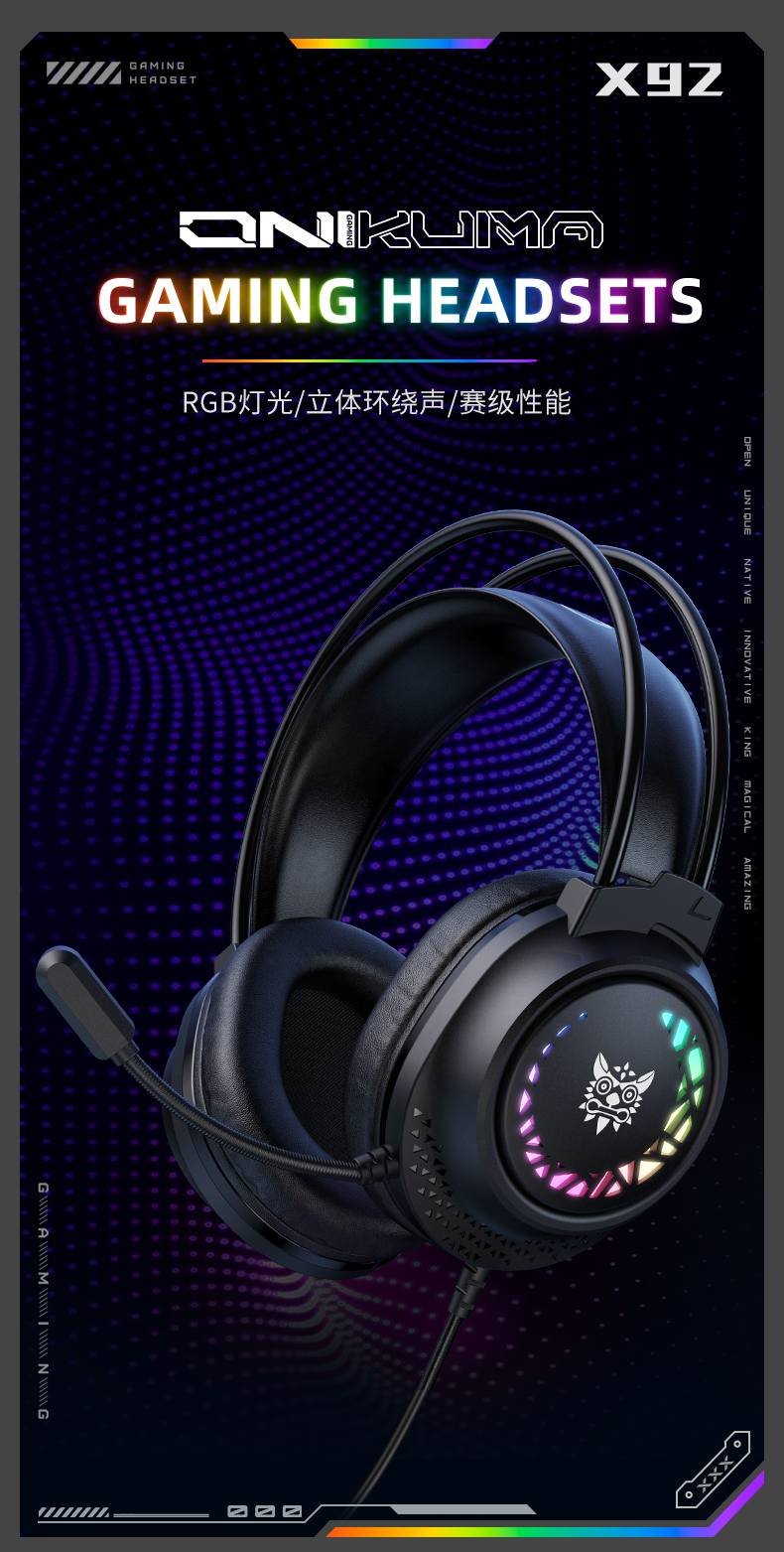 ONIKUMA X92 RGB Gaming Headset | 50mm Drivers | 20Hz-20kHz | USB + 3.5mm · 2.2m Cable | 360° Omnidirectional Noise-Cance