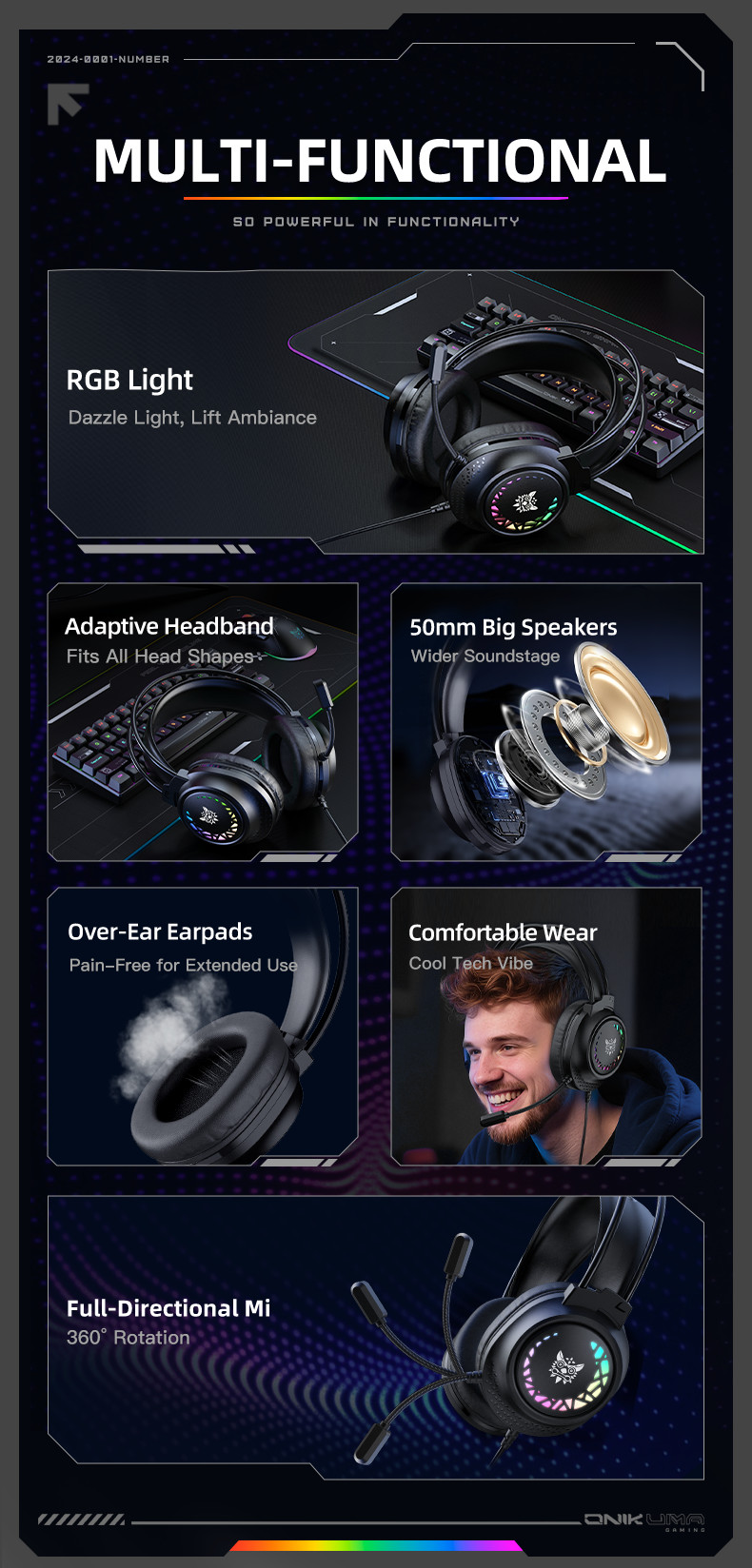 ONIKUMA X92 RGB Gaming Headset | 50mm Drivers | 20Hz-20kHz | USB + 3.5mm · 2.2m Cable | 360° Omnidirectional Noise-Cance