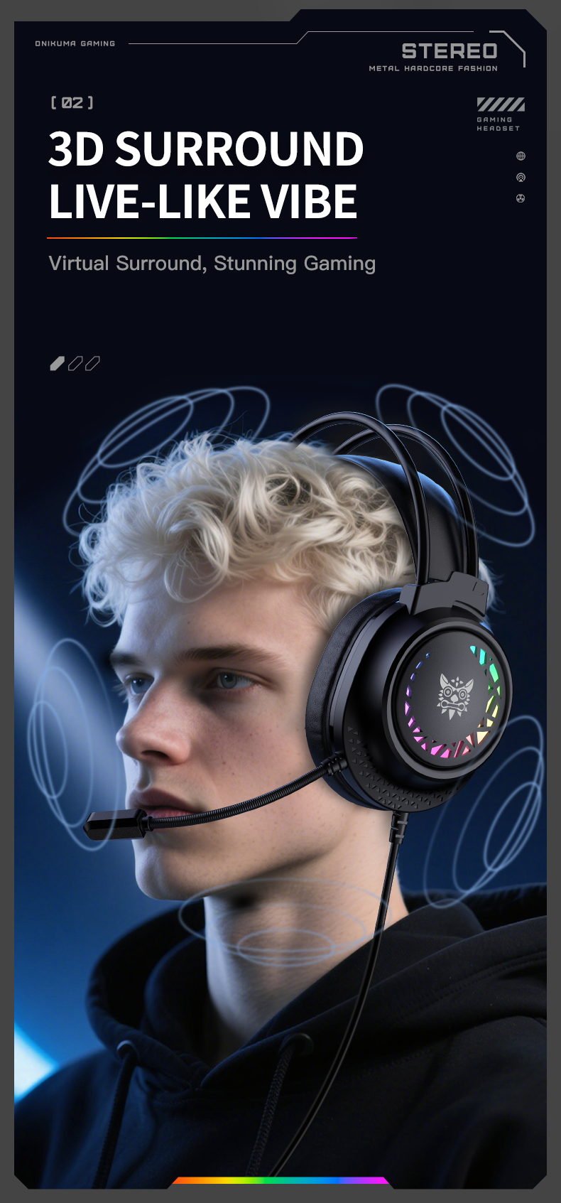 ONIKUMA X92 RGB Gaming Headset | 50mm Drivers | 20Hz-20kHz | USB + 3.5mm · 2.2m Cable | 360° Omnidirectional Noise-Cance