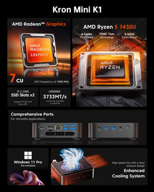 ACEMAGIC Kron Mini K1 Mini PC | AMD Ryzen 5 7430U | 16GB DDR4 RAM | 512GB SSD | Windows 11 Pro