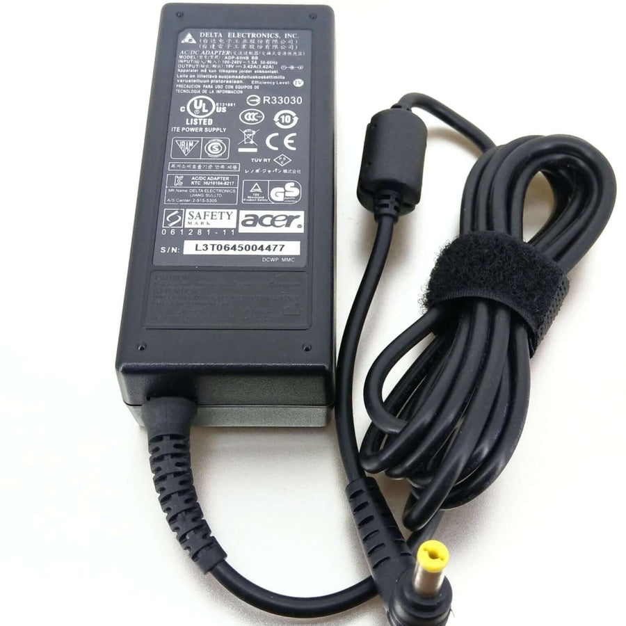 Acer 65W Laptop AC Adapter | 19V · 3.42A · 65W | 5.5 × 1.7 mm Yellow DC Tip | 100-240V Auto-Voltage Input | Black