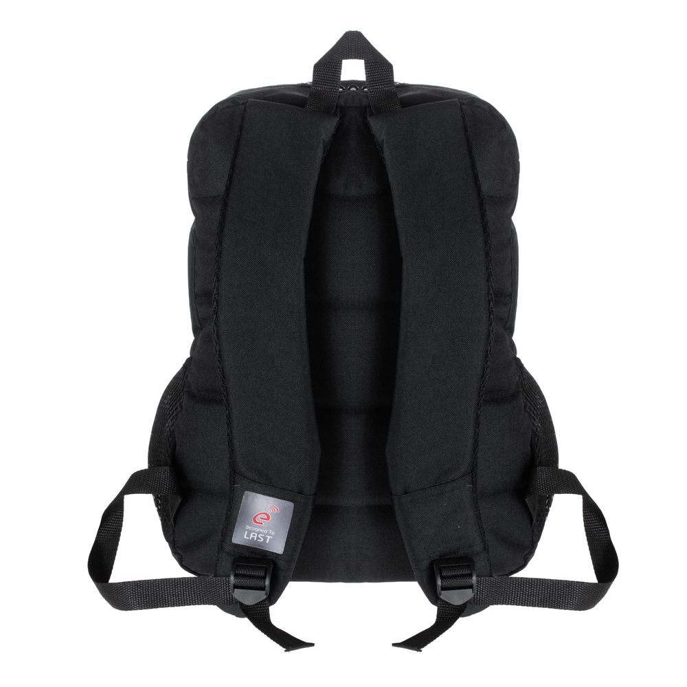 E-train BG02B Laptop Backpack | Fits laptops up to 15.6″ | Waterproof nylon · Padded laptop compartment with safety strap | 3 pockets · Padded adjustable straps | Black