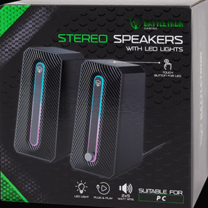 Battletron Gaming Speakers | 2.0 Stereo · 2-Piece Set | 10 W (2 × 5 W) | RGB LED Lighting with Touch Control | USB Powered · 3.5 mm Jack | Black