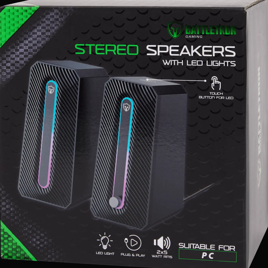 Battletron Gaming Speakers | 2.0 Stereo · 2-Piece Set | 10 W (2 × 5 W) | RGB LED Lighting with Touch Control | USB Power