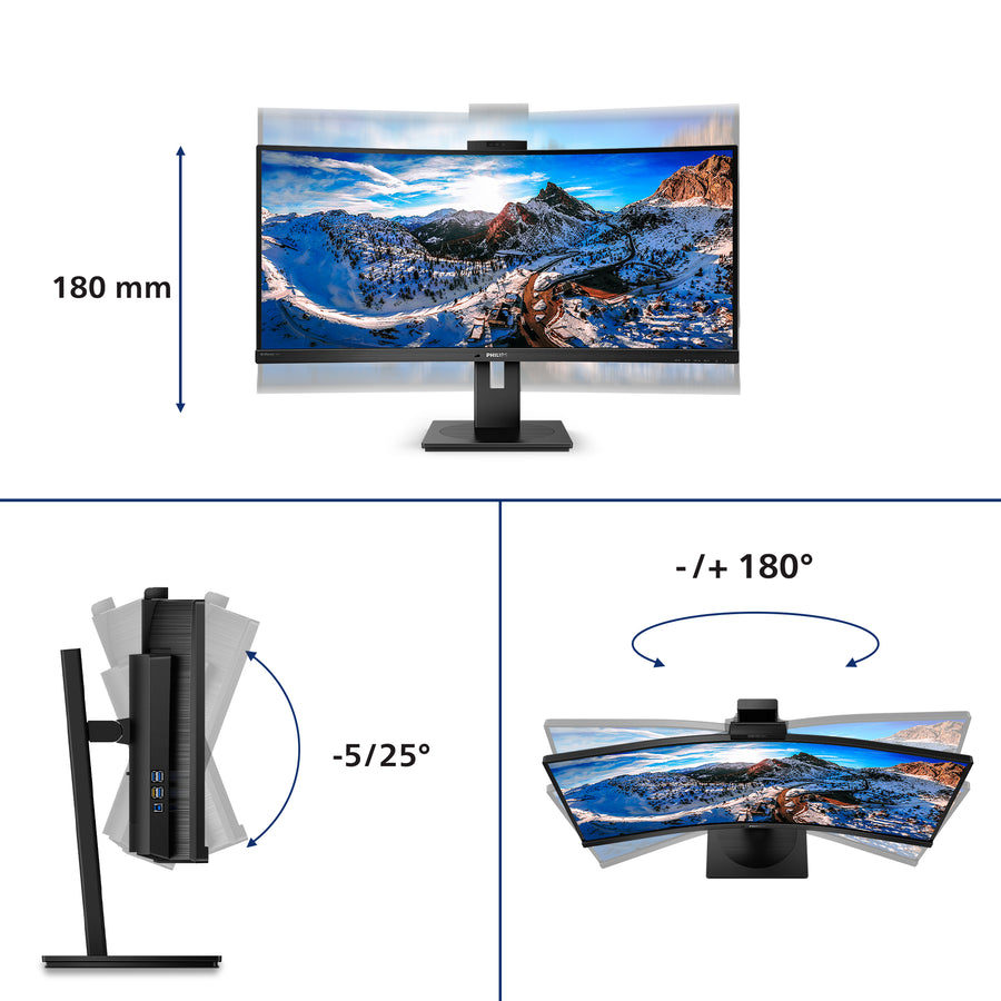 Philips 346P1CRH | 34" Ultrawide Curved Gaming Monitor | UWQHD 3440x1440 | 100Hz | IPS | DisplayHDR 400 | HDMI + DisplayPort + USB-C | Height Adjustable