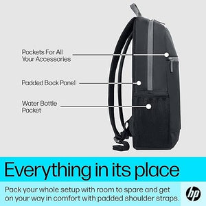 HP 9W0Z7AA Laptop Backpack | Fits laptops up to 15.6″ | Water-resistant · EPE-foam padded laptop compartment | 305 × 110 × 440 mm · 370 g | Air-mesh back panel | Grey
