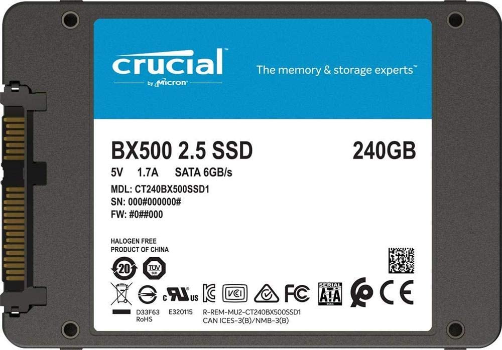 Crucial BX500 240GB SATA SSD | SATA 6Gb/s · 2.5-inch (7mm) | 540MB/s read · 500MB/s write | Micron 3D NAND · 80TBW | 3-year limited warranty