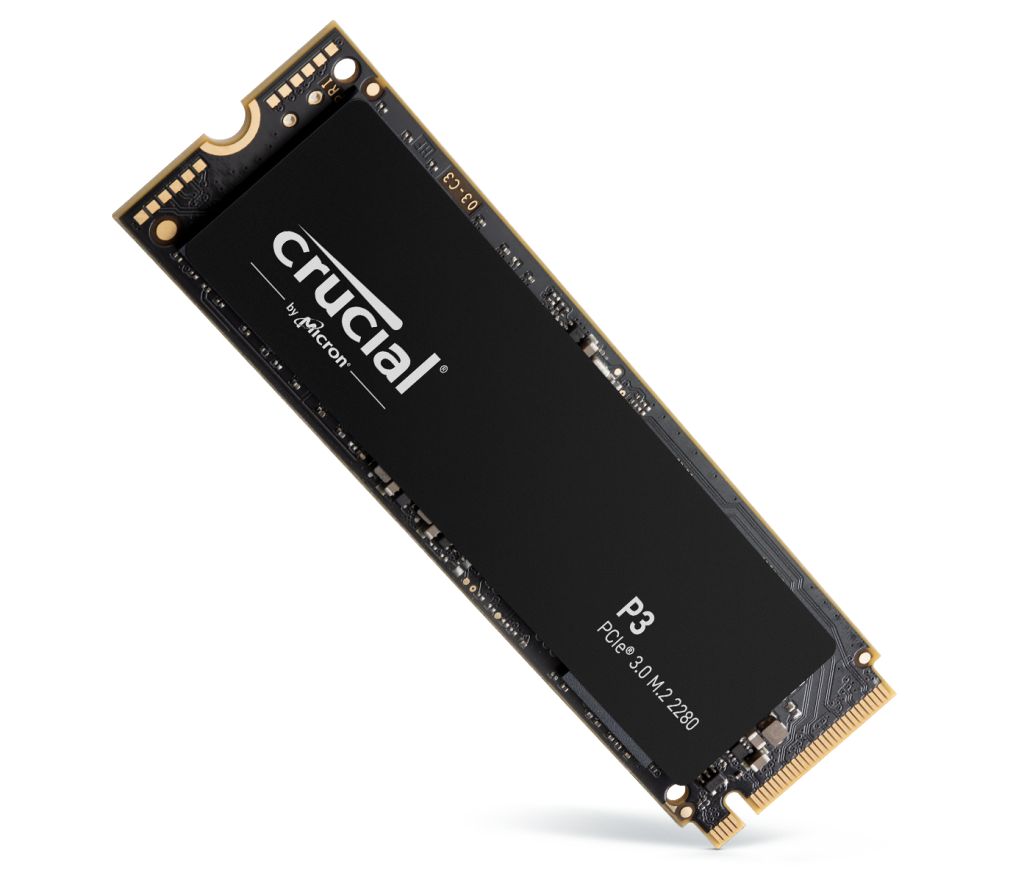 Crucial P3 500GB NVMe SSD | PCIe 3.0 x4 · M.2 2280 | 3,500MB/s read · 1,900MB/s write | Micron 176-layer 3D NAND · 110TBW | 5-year limited warranty