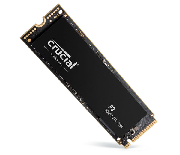 Crucial P3 500GB NVMe SSD | PCIe 3.0 x4 · M.2 2280 | 3,500MB/s read · 1,900MB/s write | Micron 176-layer 3D NAND · 110TB