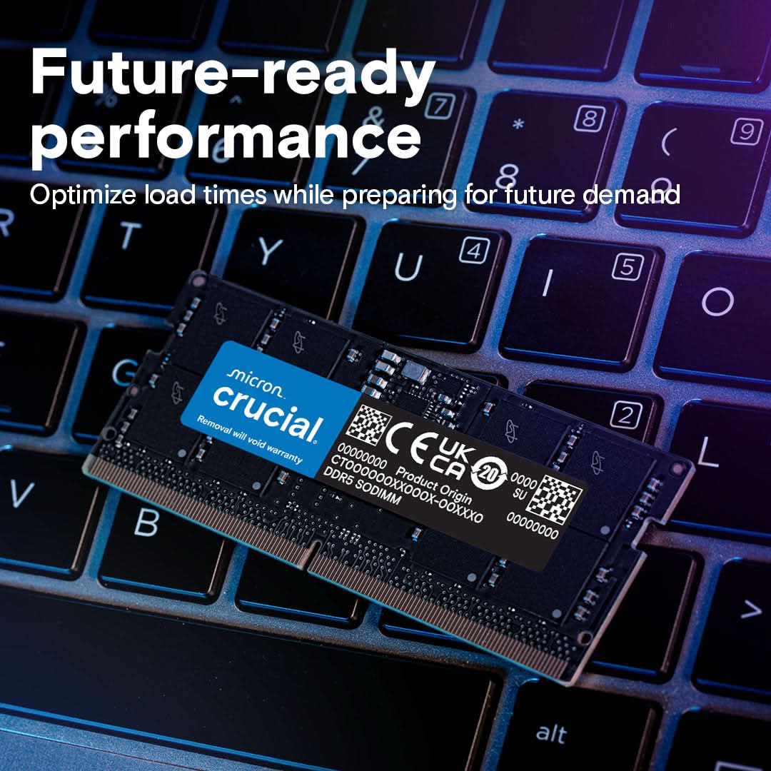 Crucial CT16G56C46S5 16GB DDR5 Laptop Memory | DDR5-5600 MT/s · PC5-44800 | CL46 · 46-45-45 · 1.1V | 262-Pin SO-DIMM · 1Rx8 Non-ECC | Black