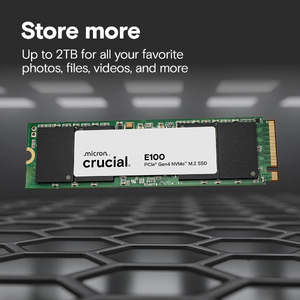 Crucial E100 1TB M.2 2280 PCIe Gen4 NVMe Internal SSD | 5,000 MB/s Read · 4,500 MB/s Write | PCIe Gen4 x4 NVMe · HMB | 80 × 22 × 2.3 mm · 6 g | CT1000E100SSD8