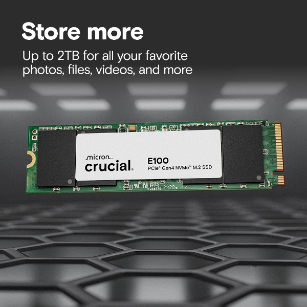 Crucial E100 480GB M.2 2280 PCIe Gen4 NVMe Internal SSD | 4,700 MB/s Read · 2,500 MB/s Write | 60 TBW · 1,000,000 h MTBF