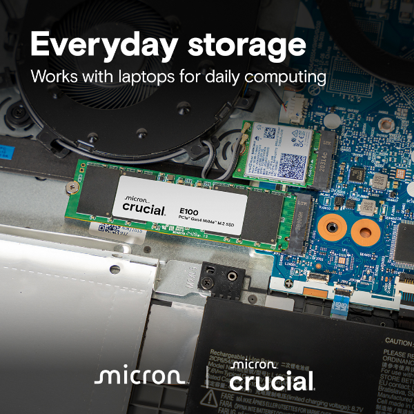 Crucial E100 1TB M.2 2280 PCIe Gen4 NVMe Internal SSD | 5,000 MB/s Read · 4,500 MB/s Write | PCIe Gen4 x4 NVMe · HMB | 80 × 22 × 2.3 mm · 6 g | CT1000E100SSD8