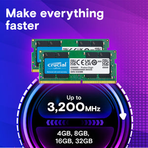 Crucial 32GB Kit (2x16GB) DDR4-3200 SODIMM Laptop Memory CT2K16G4SFRA32A | PC4-25600 | CL22 | 1.2V | 260-Pin Non-ECC Unbuffered | Dual-Channel Matched Pair | Notebook RAM Upgrade | Intel + AMD | Plug & Play