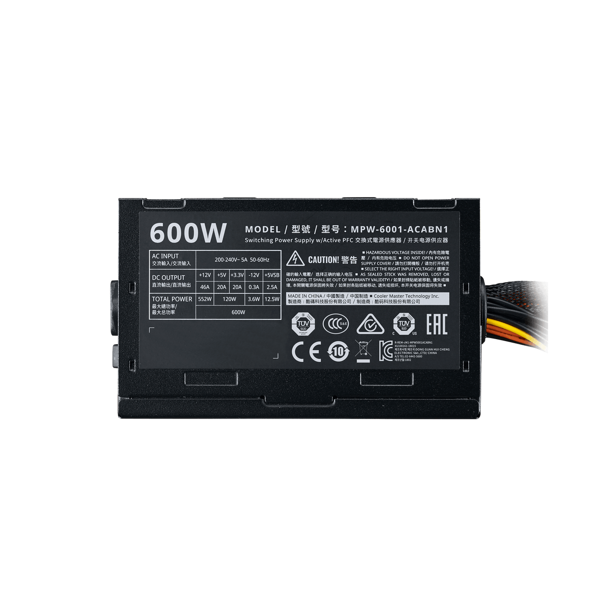 Cooler Master Elite V3 230V 600W ATX Power Supply | 600W Continuous · >80% Average Efficiency | Active PFC | Quiet 120 mm Fan | 3-Year Warranty | Black