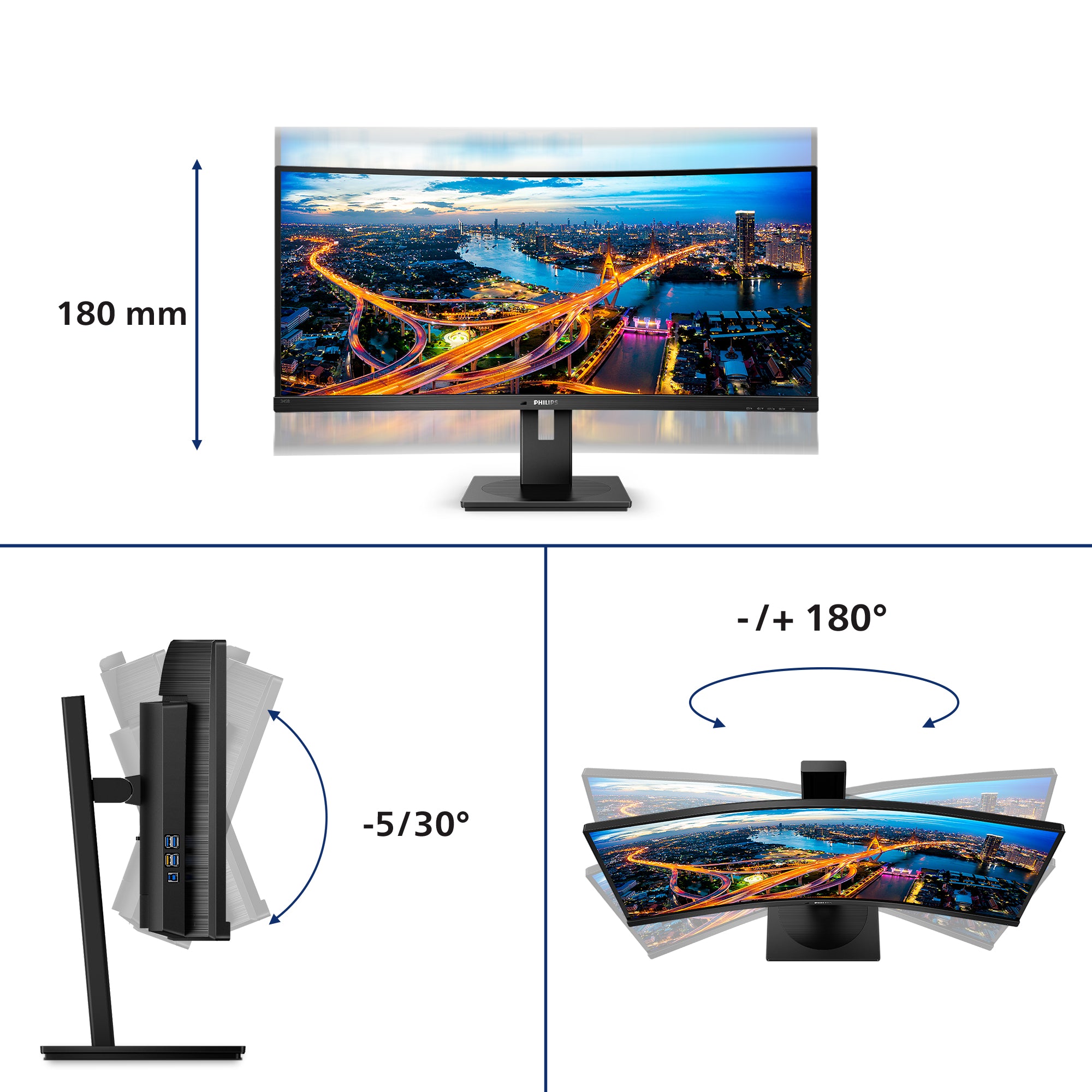 Philips 345B1C 34-Inch Ultrawide Curved Gaming Monitor | UWQHD 3440x1440 | 100Hz | IPS Panel | HDMI + DisplayPort | Height Adjustable | Black | ملاحظة: خط خفيف في نص الشاشة
