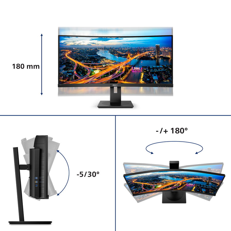 Philips 345B1C 34-Inch Ultrawide Curved Gaming Monitor | UWQHD 3440x1440 | 100Hz | IPS Panel | HDMI + DisplayPort | Height Adjustable | Black
