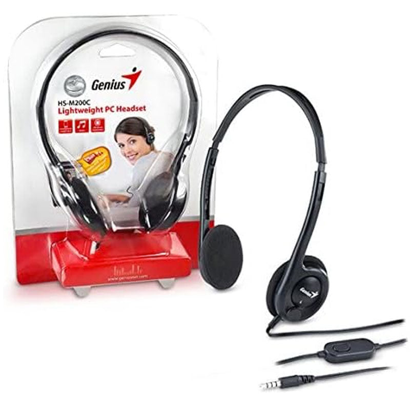 Genius HS-M200C Lightweight PC Headset | Single 3.5mm Jack · 1.8m Cable | 20Hz–20kHz · 32Ω · 105dB | Boom Microphone · 57g | Black