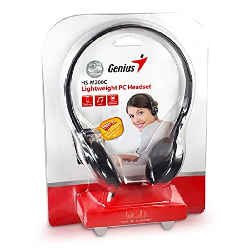 Genius HS-M200C Lightweight PC Headset | Single 3.5mm Jack · 1.8m Cable | 20Hz–20kHz · 32Ω · 105dB | Boom Microphone · 57g | Black