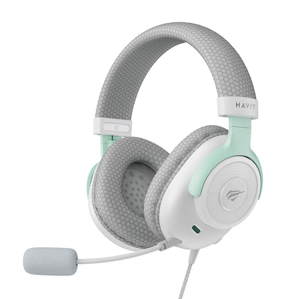 HAVIT Gamenote H2230E Gaming Headset | 50mm Drivers | 3.5mm Wired · 1.8m | 32Ω · 20Hz-20kHz | 238g | White·Green / Grey·Green