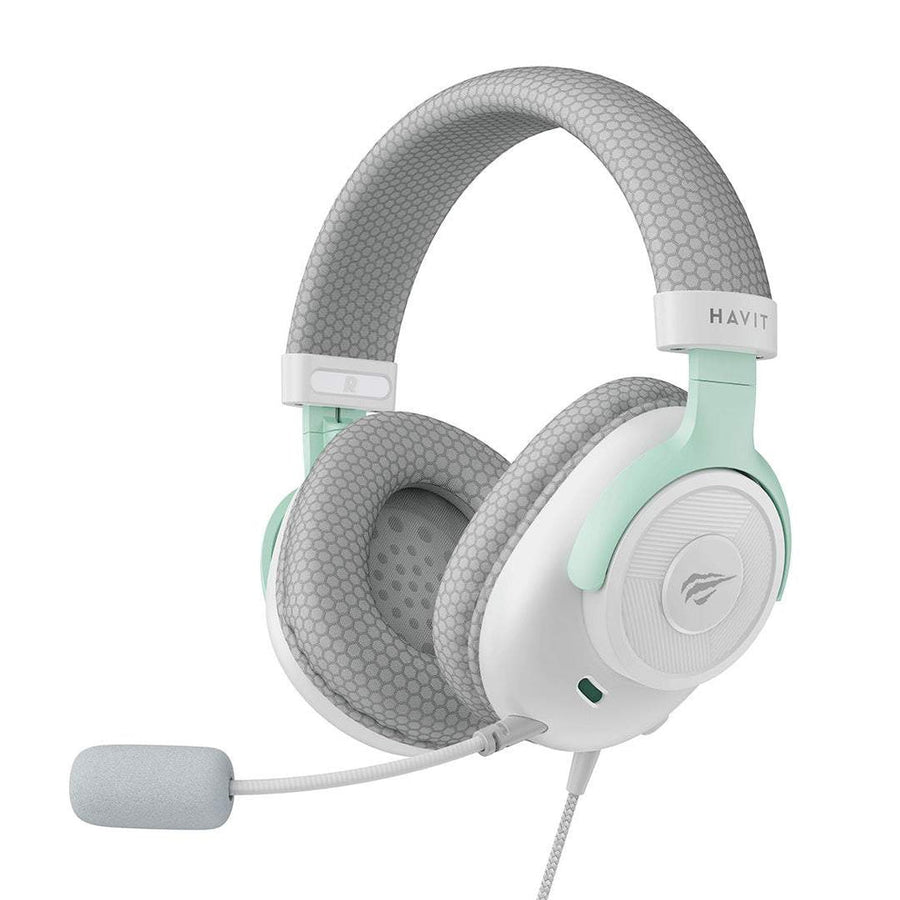 HAVIT Gamenote H2230E Gaming Headset | 50mm Drivers | 3.5mm Wired · 1.8m | 32Ω · 20Hz-20kHz | 238g | White·Green / Grey·
