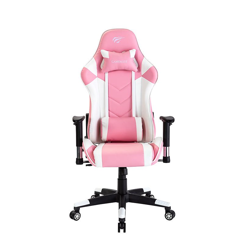 HAVIT GAMENOTE GC932 ergonomic gaming chair in white and pink PU leather, front view with headrest and lumbar pillows