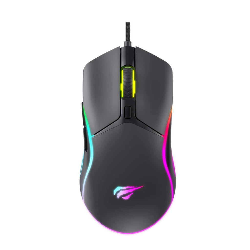 Havit MS1029 RGB Backlit Wired Gaming Mouse | 7200 DPI (6 Levels: 1200-7200) | 5M-Click Switches | Dynamic RGB Lighting | 1.5m USB Cable | 128x66x41mm | 127g | Windows, macOS & Linux
