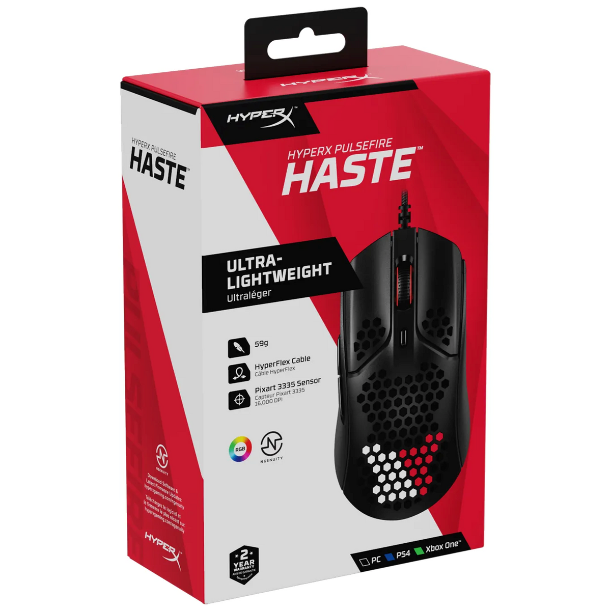 HyperX Pulsefire Haste Gaming Mouse | Pixart 3335 · Up to 16000 DPI | 59 g Honeycomb Shell | 6 Buttons · TTC Golden 60M Click Switches | 1000 Hz · HyperFlex Paracord USB | Black