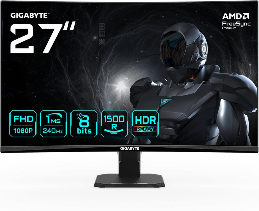 GIGABYTE GS27FC2 27" Curved Gaming Monitor | Full HD 1920×1080 · VA 1500R | 240Hz · 1ms GTG | 3000:1 · 125% sRGB · HDR10 | Adaptive-Sync · 2 × HDMI 2.0 · DisplayPort 1.4
