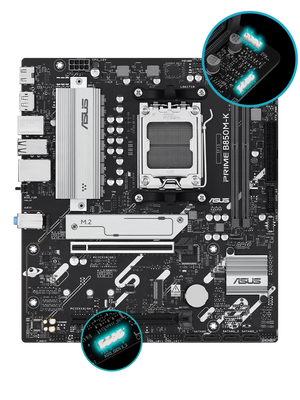 ASUS PRIME B850M-K Micro-ATX Gaming Motherboard | AMD B850 · Socket AM5 | DDR5 2 DIMM · up to 128GB · 8200+ MT/s OC | PCIe 5.0 x16 · M.2 PCIe 5.0 + M.2 PCIe 4.0 · 4× SATA 6Gb/s | Realtek 2.5Gb LAN | HDMI + DisplayPort | 7.1 Audio