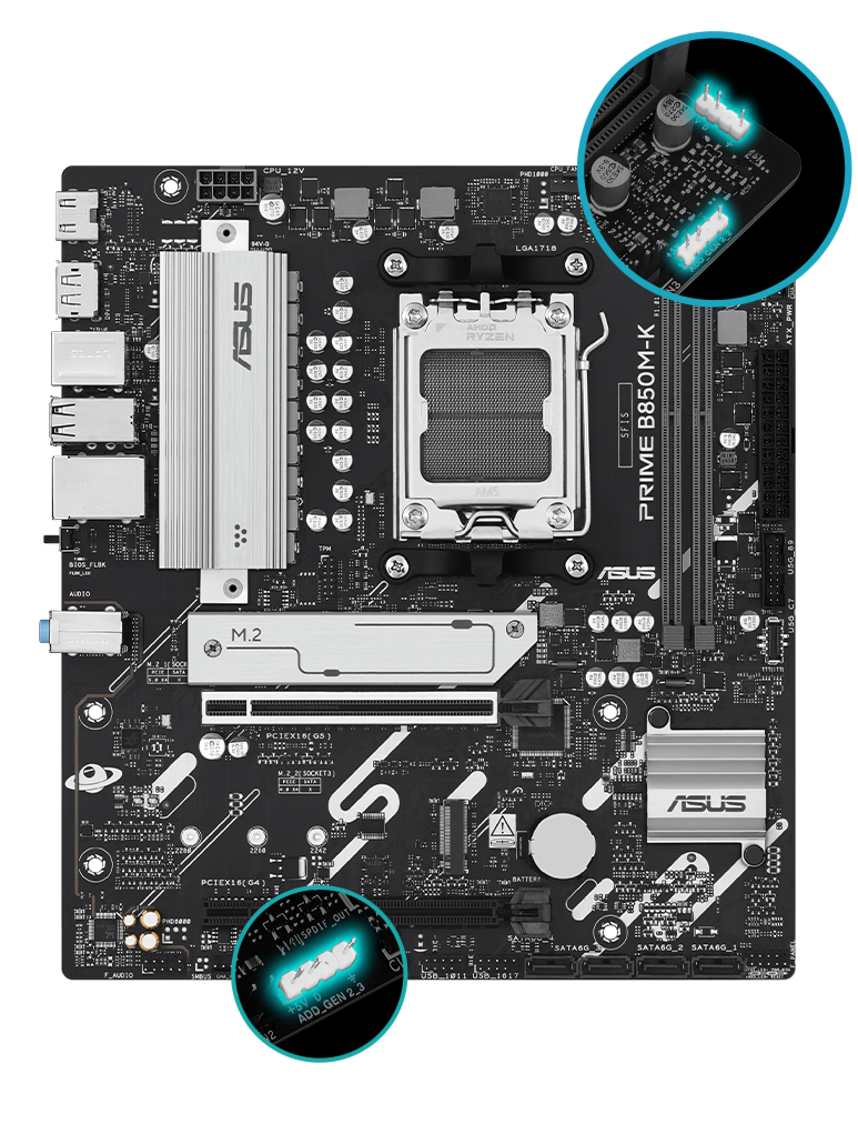 ASUS PRIME B850M-K Micro-ATX Gaming Motherboard | AMD B850 · Socket AM5 | DDR5 2 DIMM · up to 128GB · 8200+ MT/s OC | PC