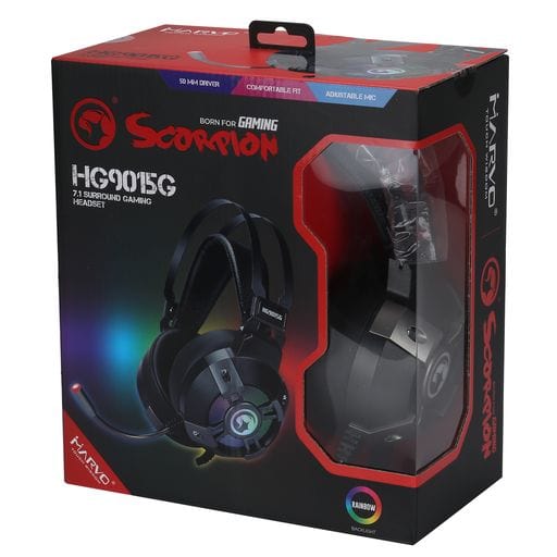 Marvo Scorpion HG9015G Gaming Headset | USB 2.0 · Virtual 7.1 Surround | 50 mm Drivers · 20 Hz–20 kHz · 21 Ω | Rainbow B